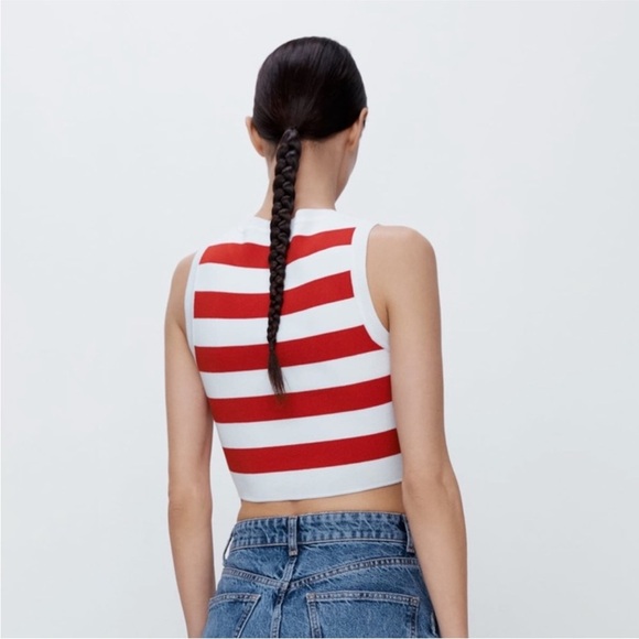 ZARA Red and white stripe cropped knit top - Picture 2 of 5